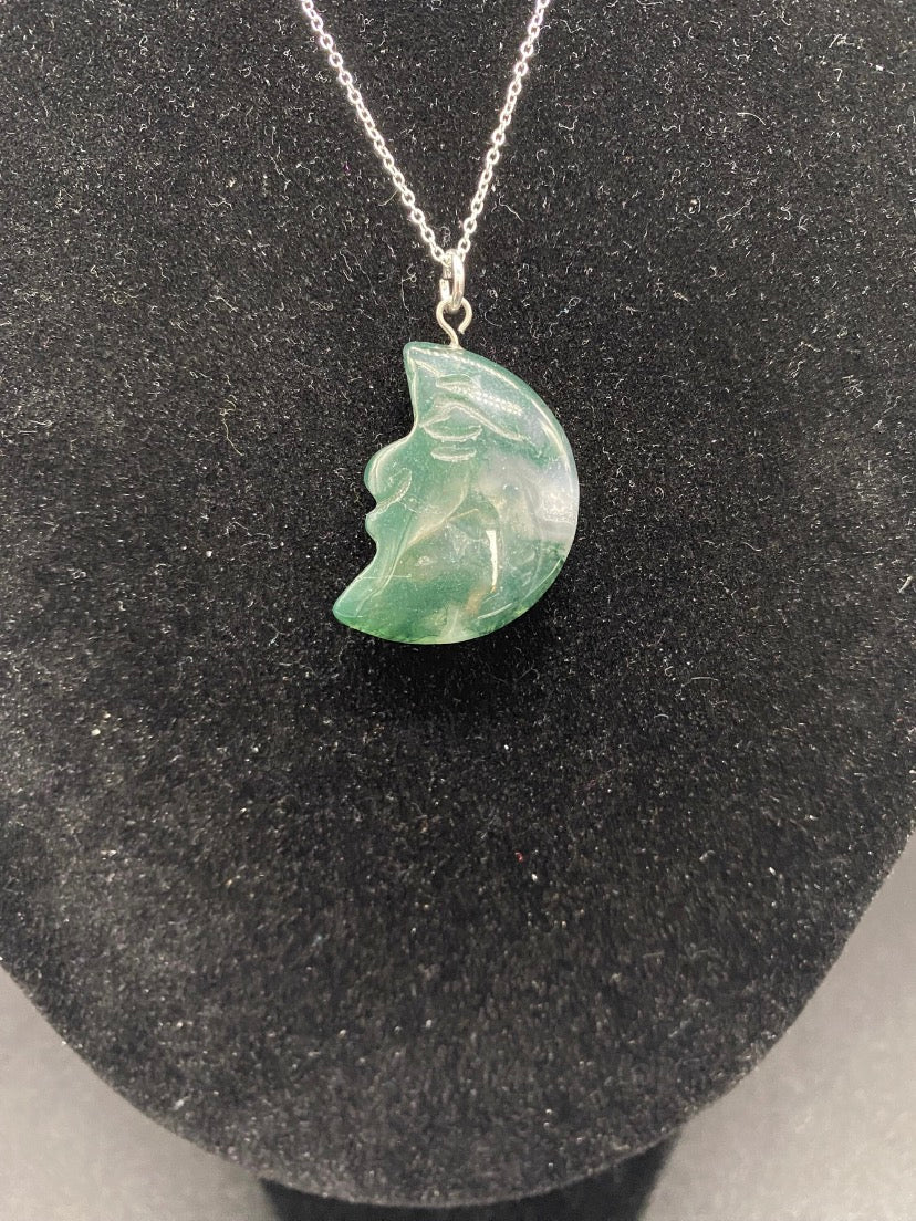 Genuine Green Jasper Carved Moon Face Sterling Silver Necklace Celestial Pendant
