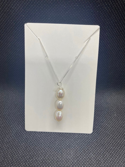 Freshwater Cultured Pearl Three-Bead Drop Sterling Silver Necklace