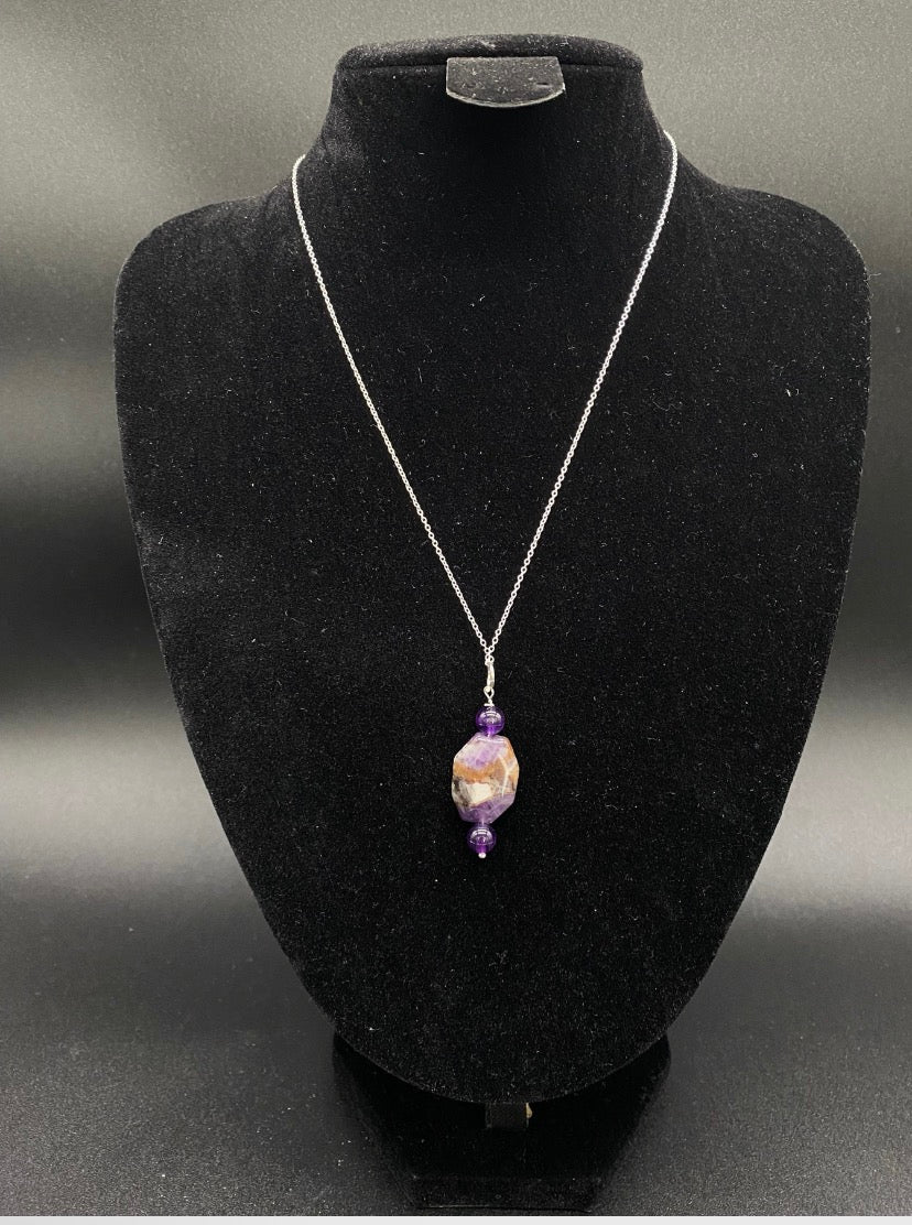 Hexagon Amethyst & Bead Drop Sterling Silver Necklace