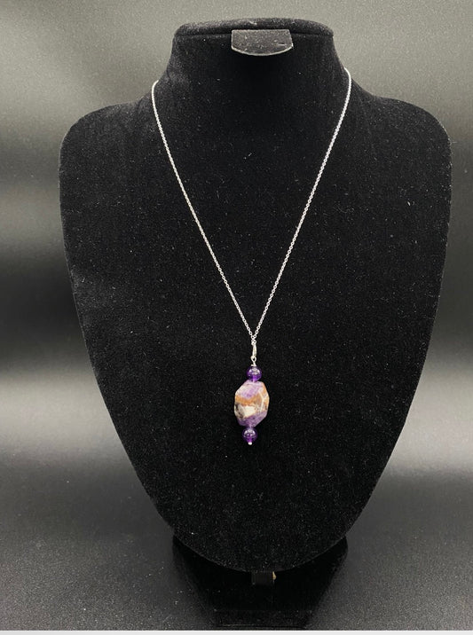 Hexagon Amethyst & Bead Drop Sterling Silver Necklace