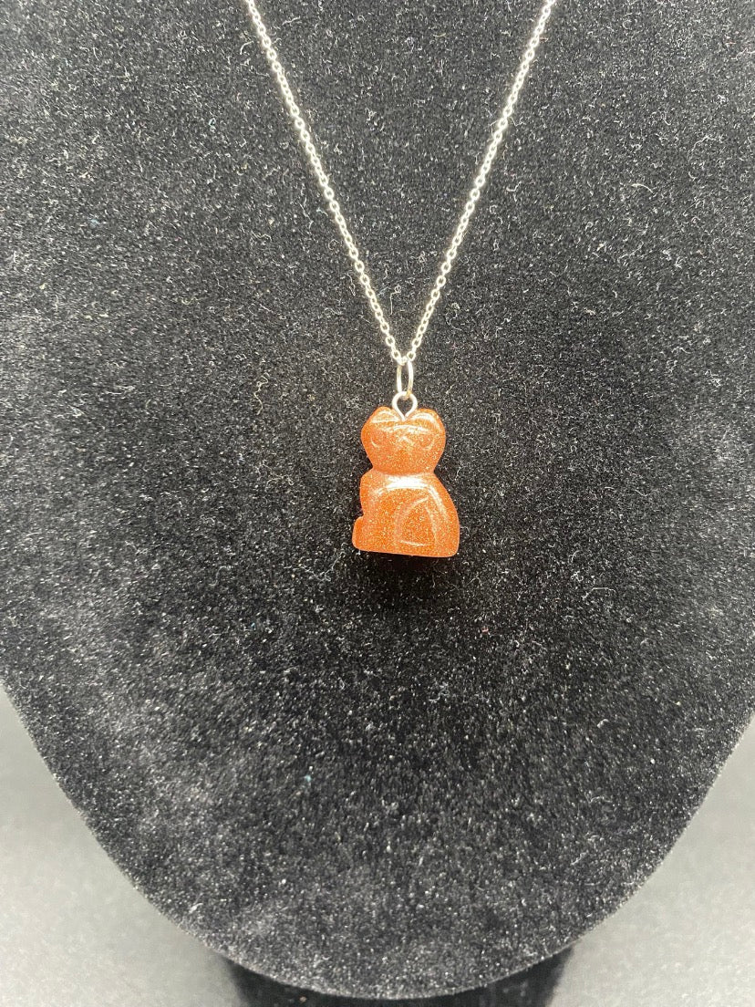 Brown Goldstone Carved Cat Pendant Sterling Silver Necklace