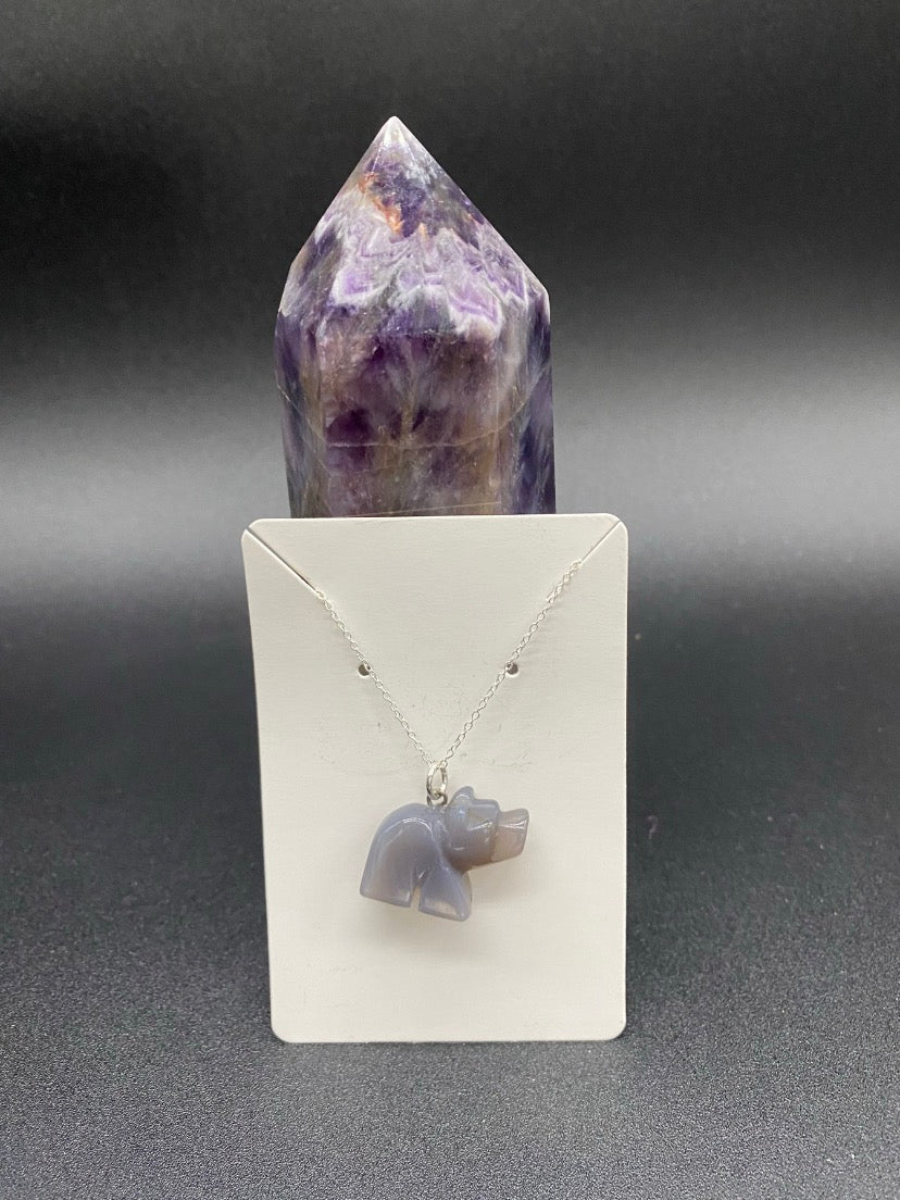 Carved Grey Agate Bear Sterling Silver Necklace