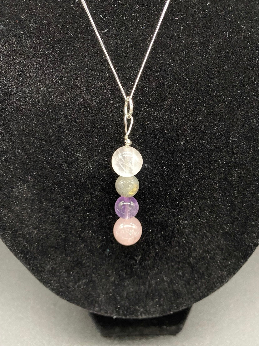 Crackle Quartz, Labradorite, Amethyst & Rose Quartz Drop Sterling Silver Necklace