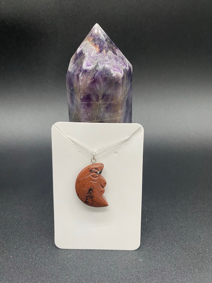 Carved Mahogany Obsidian Crescent Moon Sterling Silver Necklace