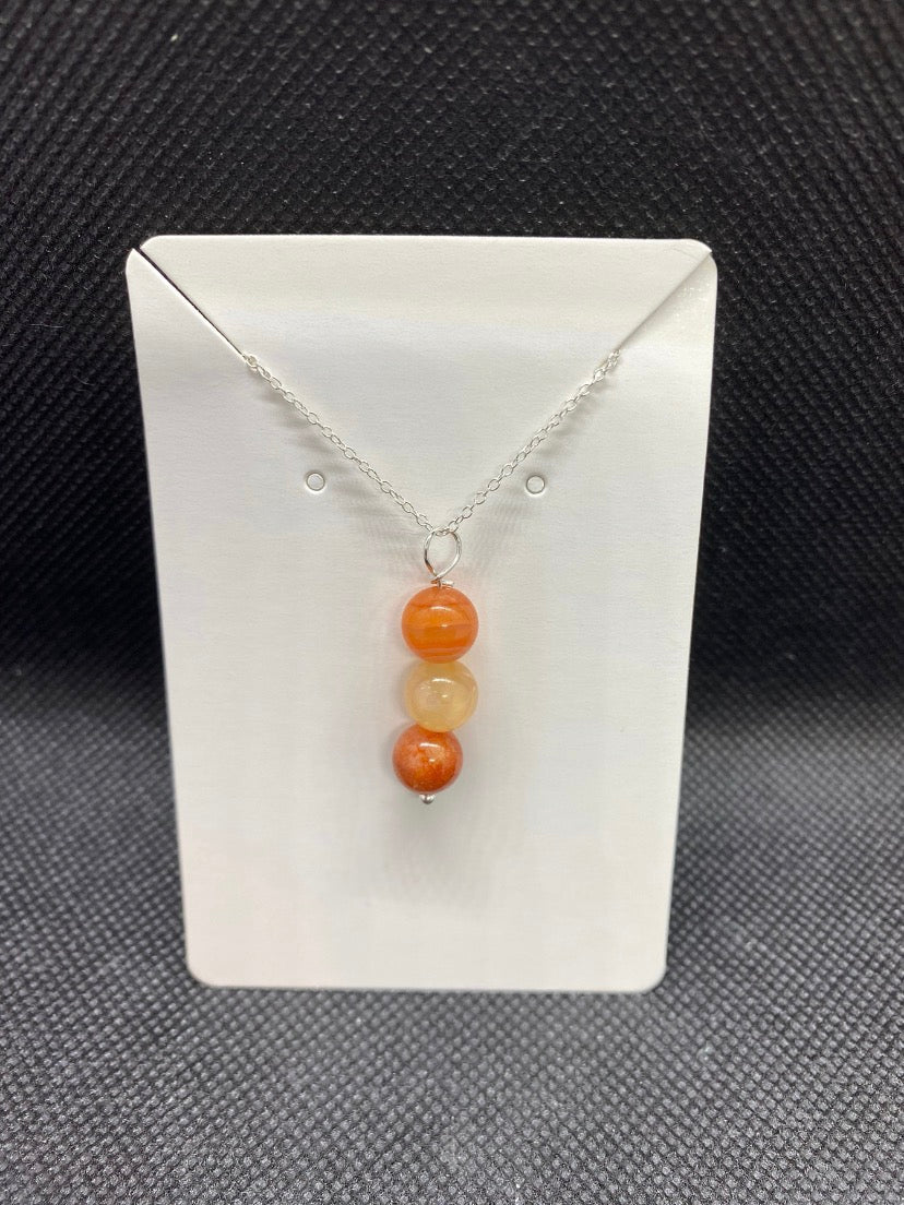 Triple Carnelian Bead Drop Sterling Silver Necklace