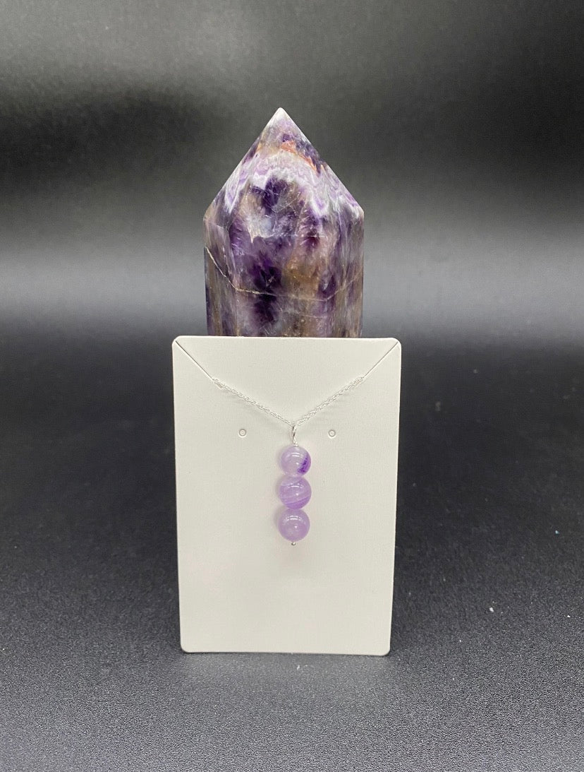 Amethyst Bead Pendant Sterling Silver Necklace – Handcrafted Triple Drop Jewellery