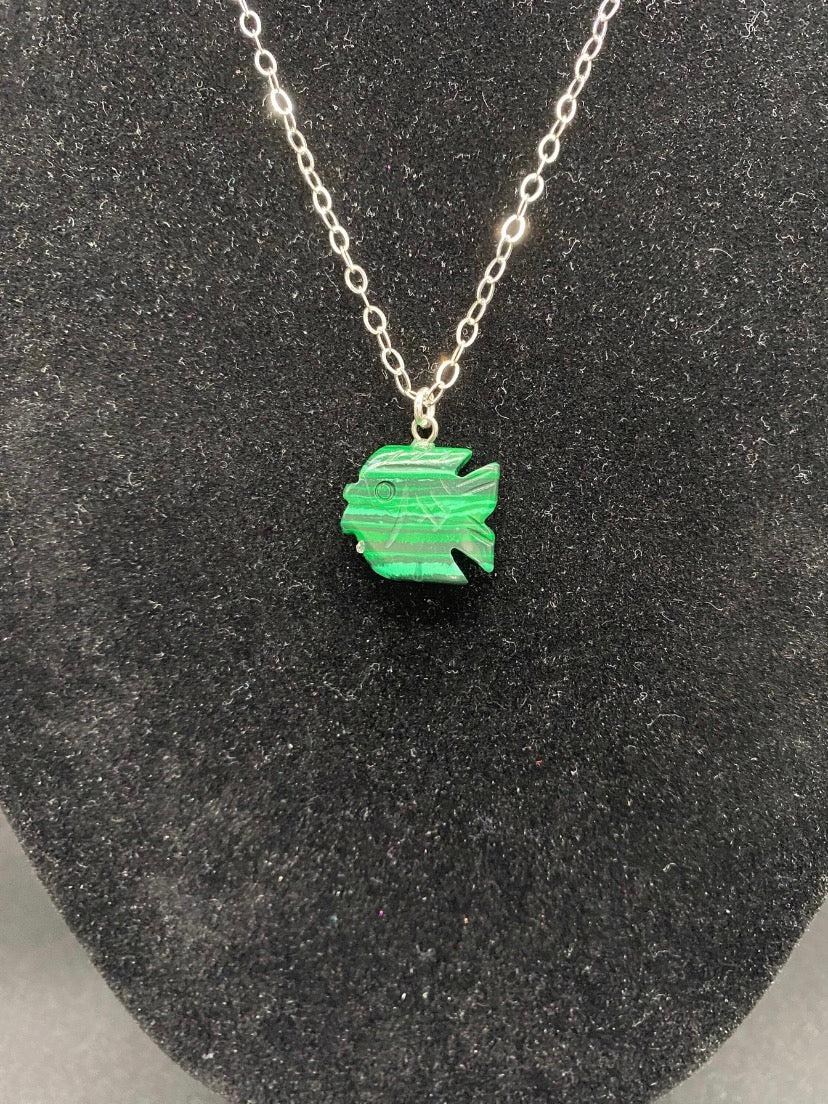 Carved Green Howlite Fish Pendant Sterling Silver Necklace