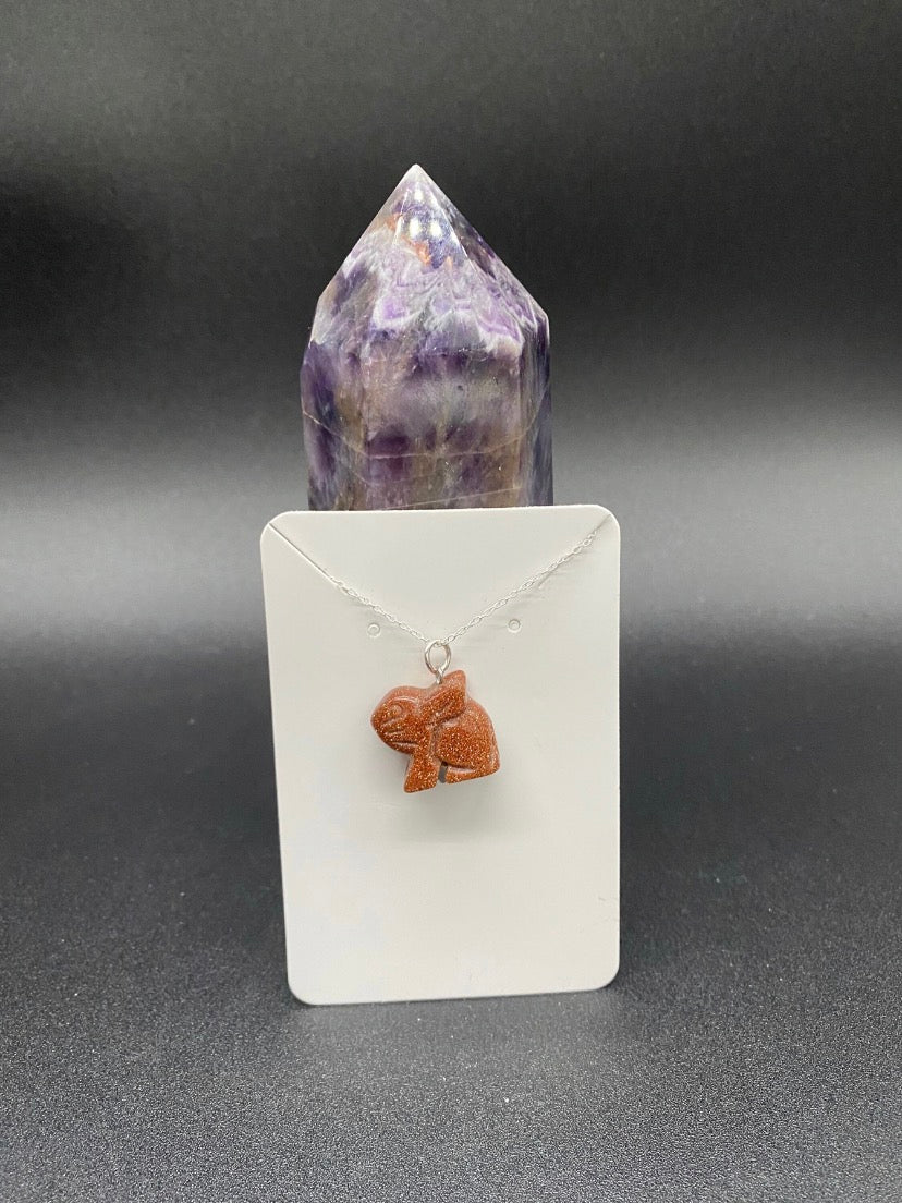 Carved Brown Goldstone Rabbit Pendant Sterling Silver Necklace