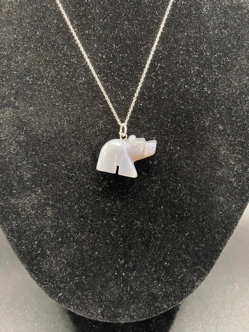 Carved Grey Agate Bear Sterling Silver Necklace