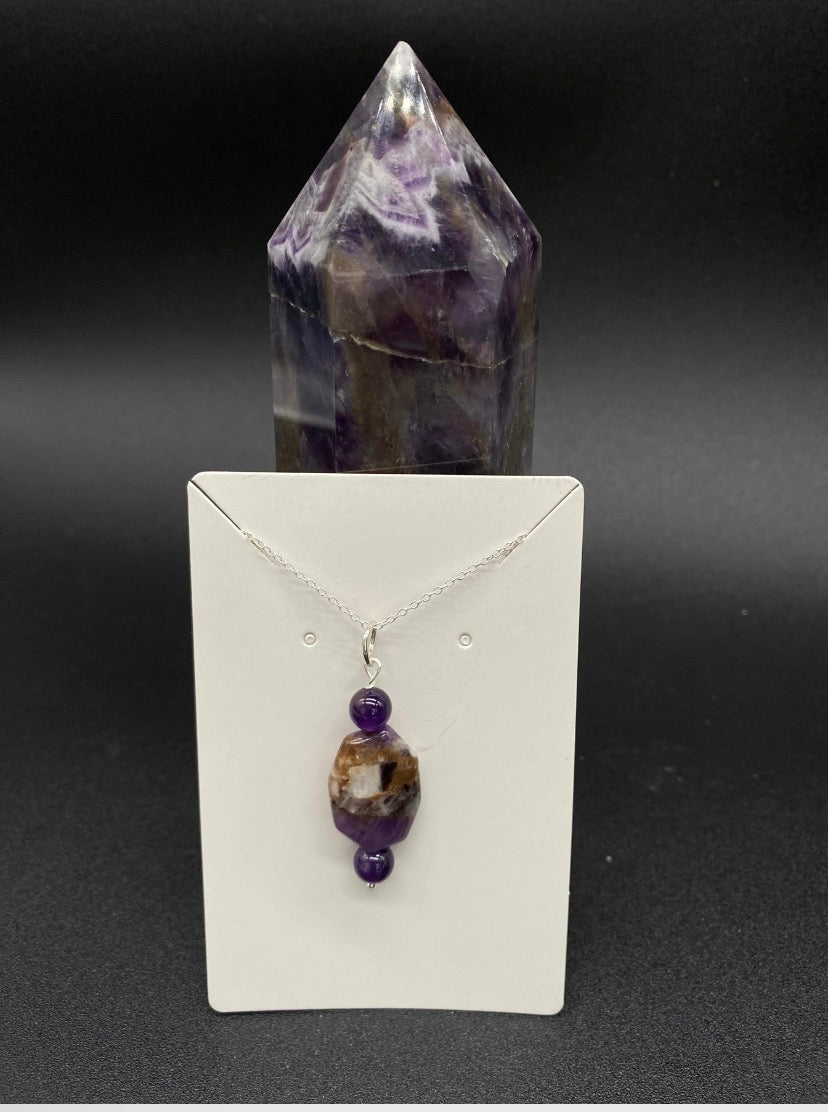 Hexagon Amethyst & Bead Drop Sterling Silver Necklace