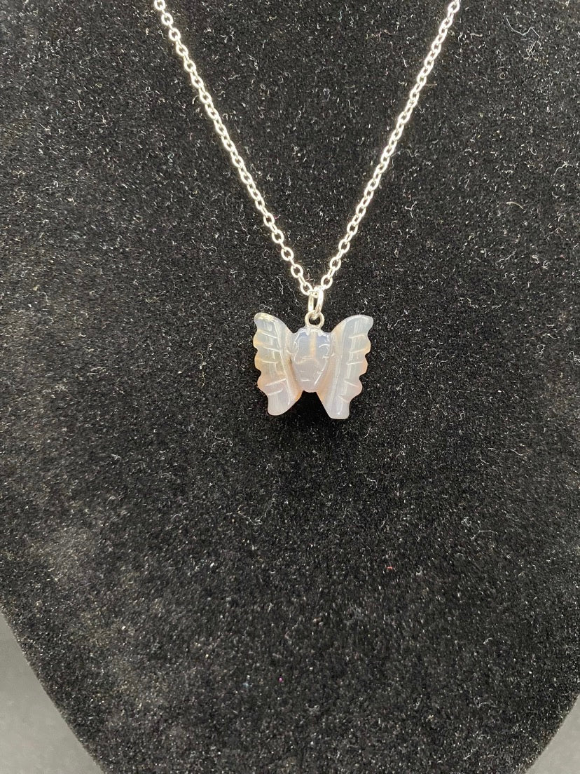 Carved Grey Agate Butterfly Sterling Silver Necklace