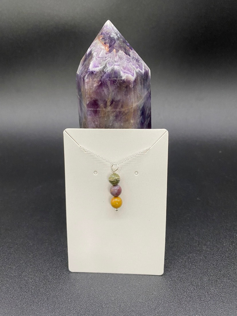 Ocean Jasper Triple Bead Drop Pendant Sterling Silver Necklace | Crystal Jewellery