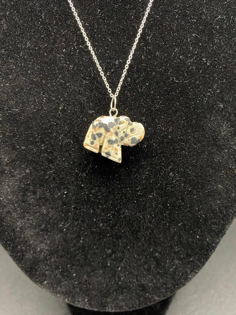 Dalmatian Jasper Carved Elephant Sterling Silver Pendant Necklace