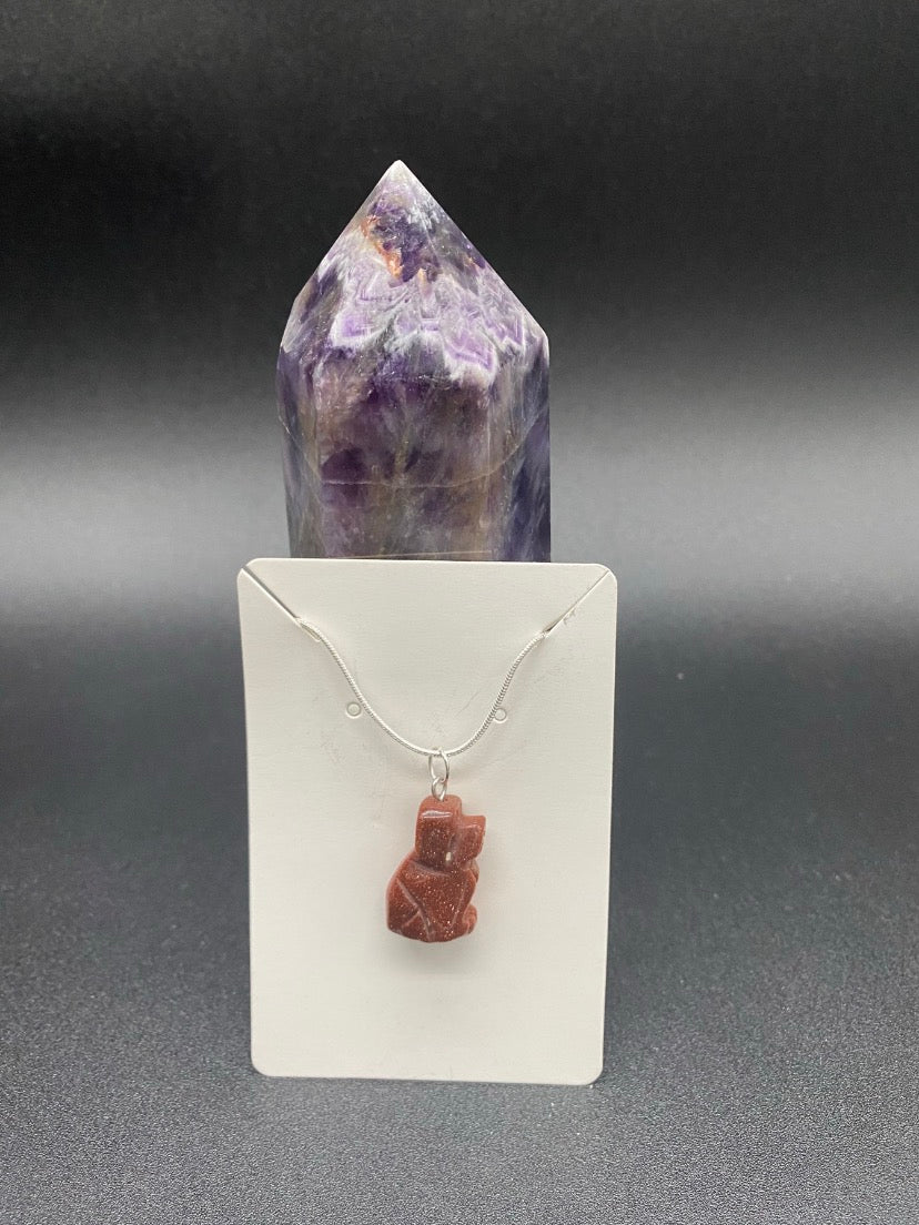 Carved Brown Goldstone Dog Pendant Sterling Silver Necklace
