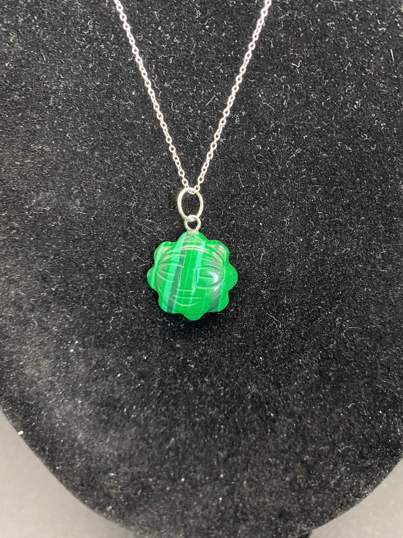 Carved Green Howlite Sun Pendant Sterling Silver Necklace
