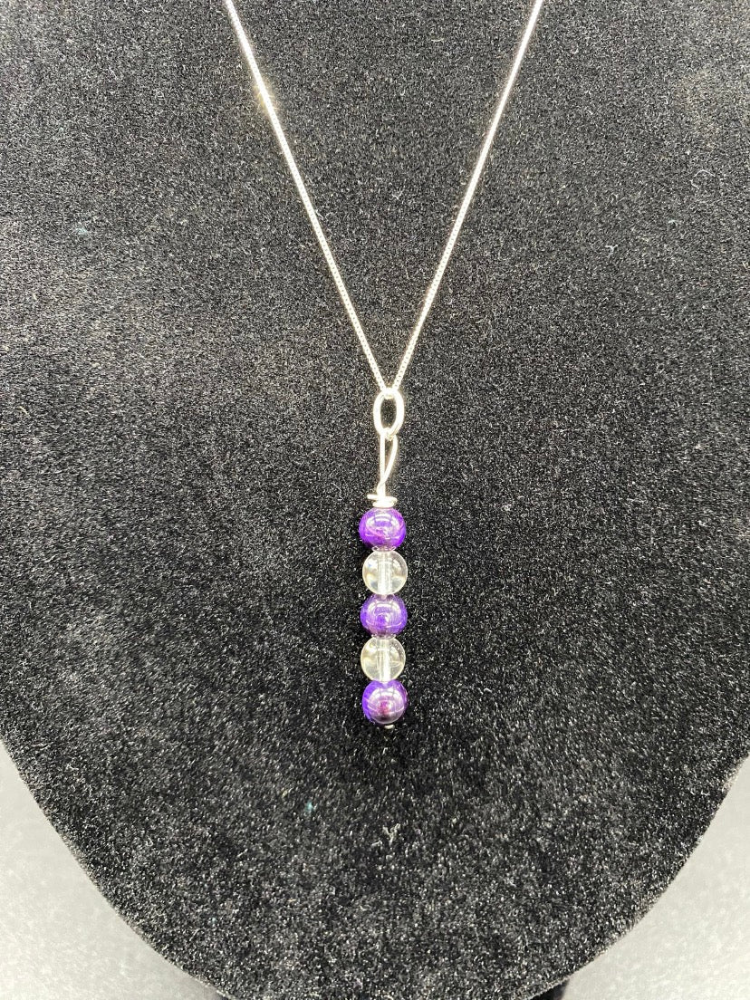 Purple Tiger's Eye & Clear Quartz Drop Sterling Silver Necklace