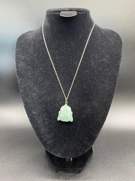 Green Aventurine Carved Buddha Sterling Silver Pendant Necklace