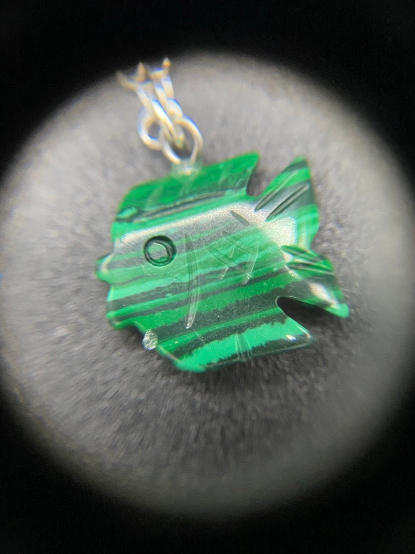 Carved Green Howlite Fish Pendant Sterling Silver Necklace