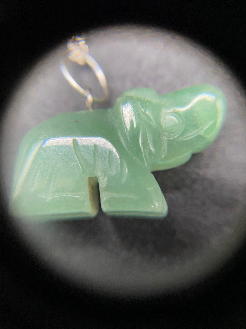 Green Aventurine Carved Elephant Sterling Silver Pendant Necklace