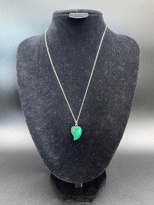 Carved Green Howlite Curved Heart Pendant Sterling Silver Necklace