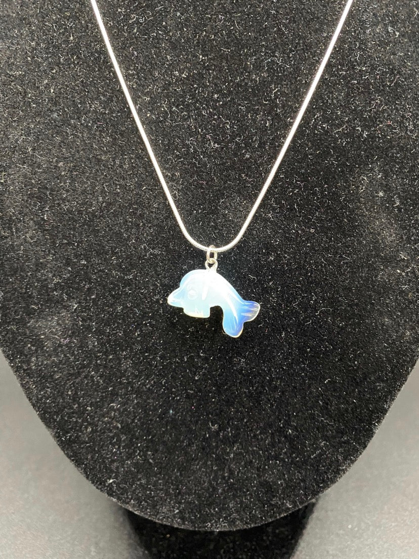 Opalite Dolphin Pendant Sterling Silver Necklace | Crystal Jewellery