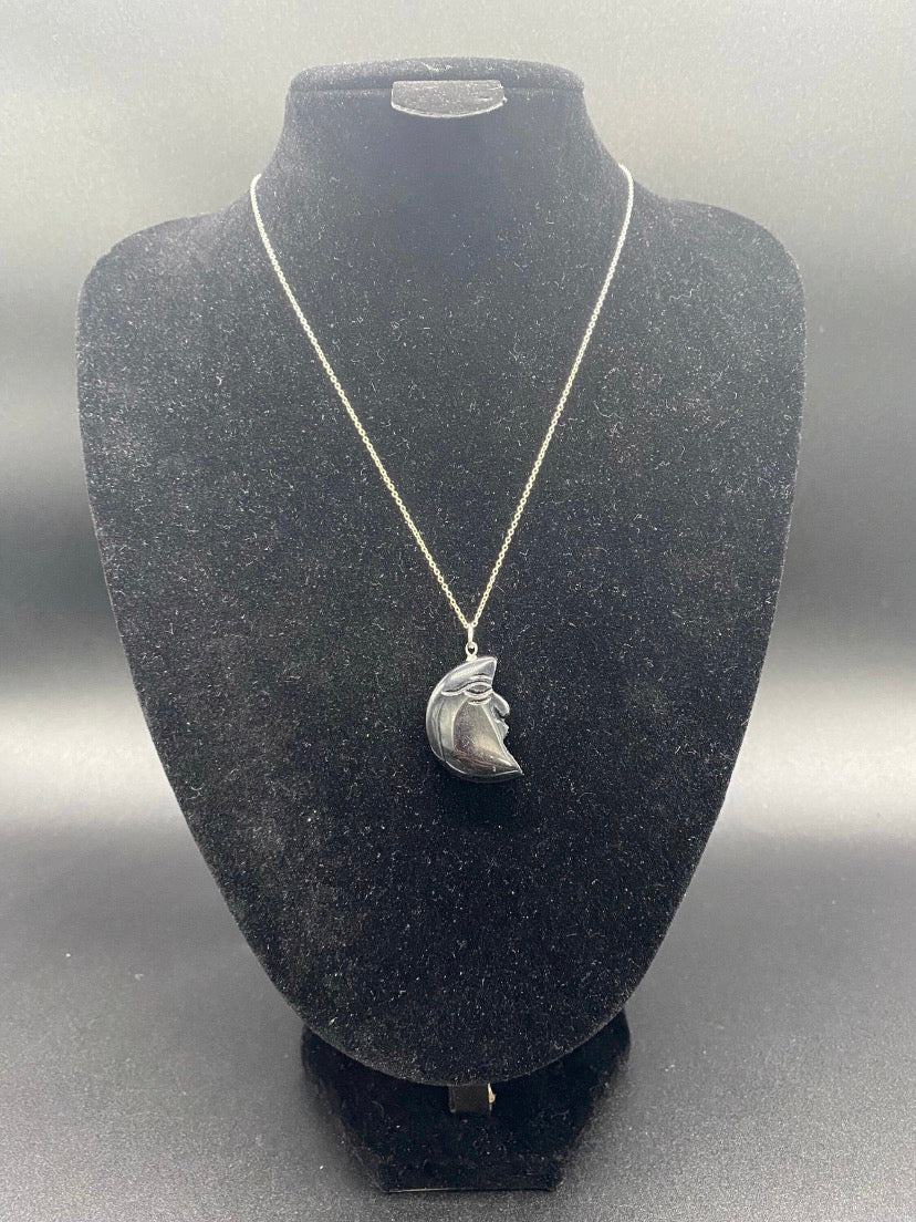 Black Agate Moon Man Pendant Sterling Silver Necklace