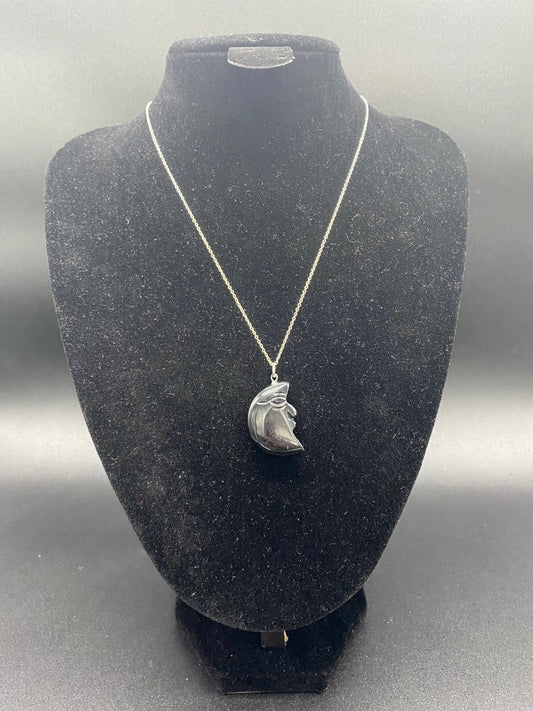 Black Agate Moon Man Pendant Sterling Silver Necklace
