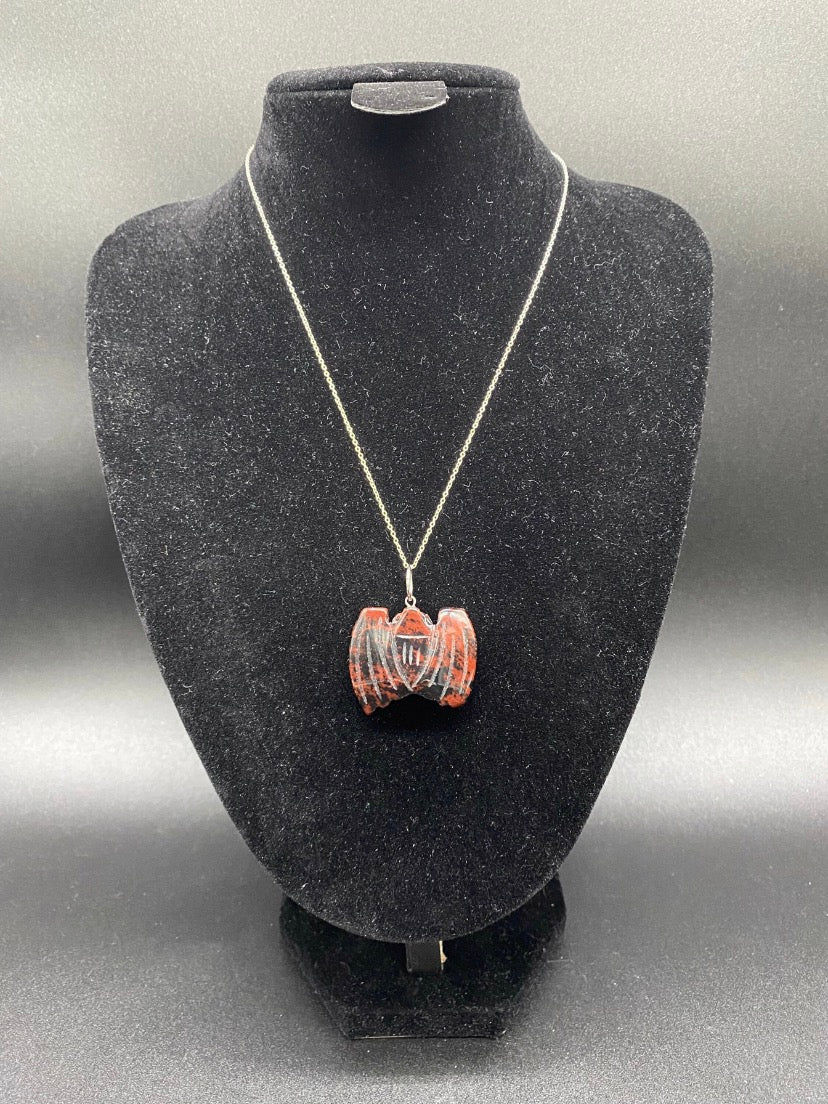 Carved Mahogany Obsidian Bat Pendant Sterling Silver Necklace