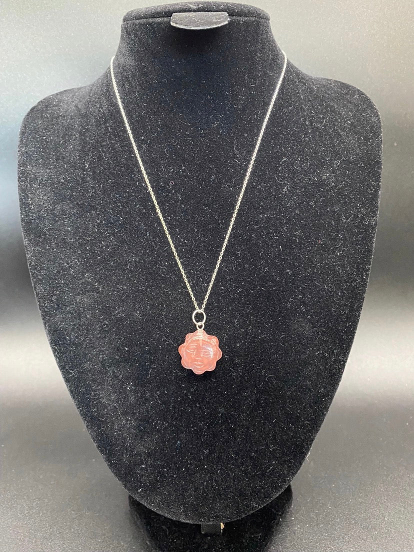 Strawberry Quartz Carved Sun Face Pendant Sterling Silver Necklace