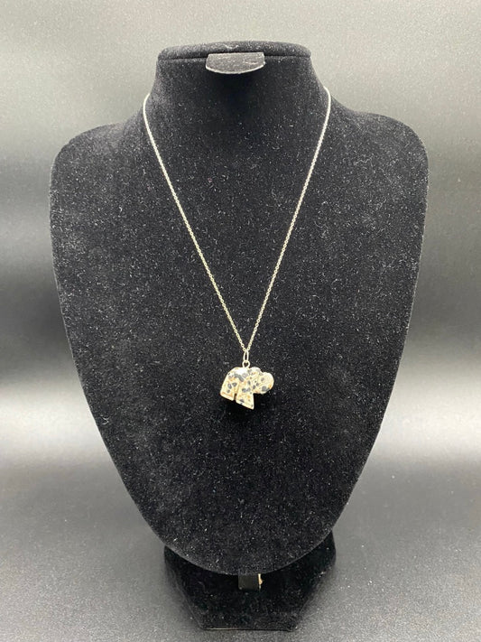 Dalmatian Jasper Carved Elephant Sterling Silver Pendant Necklace