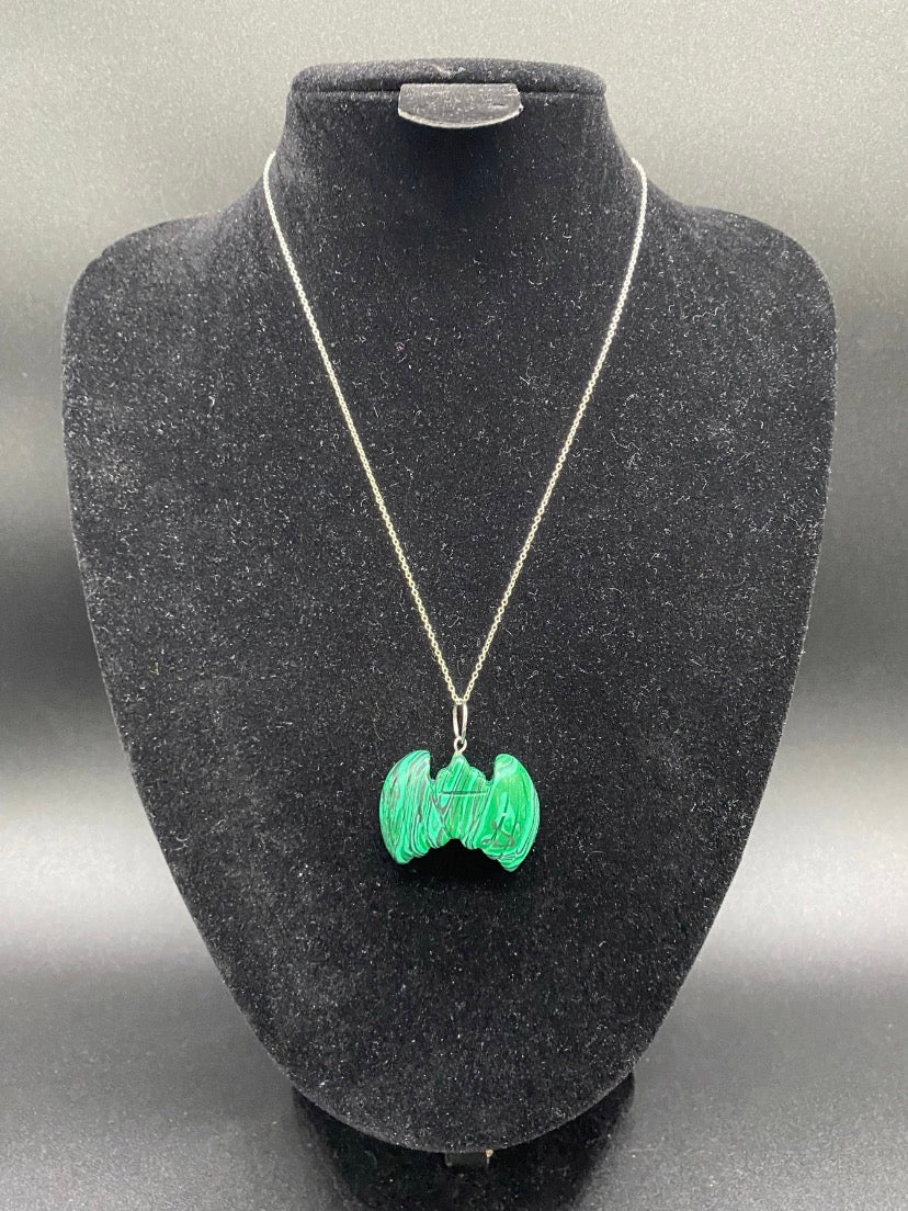 Carved Green Howlite Bat Pendant Sterling Silver Necklace