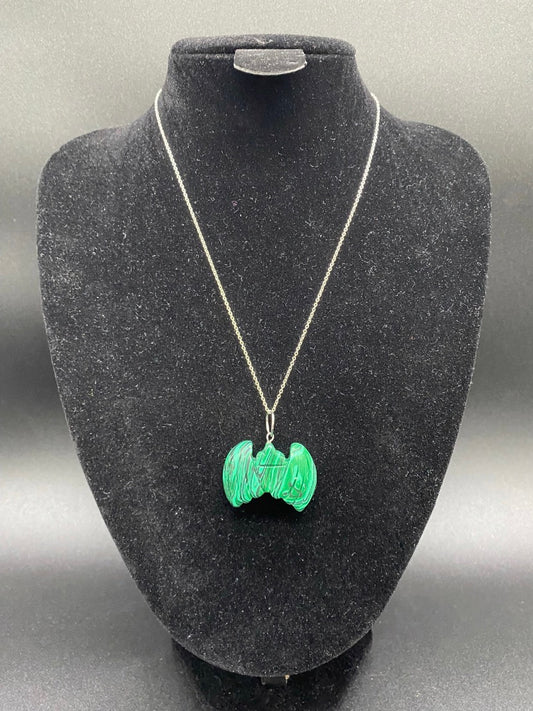 Carved Green Howlite Bat Pendant Sterling Silver Necklace