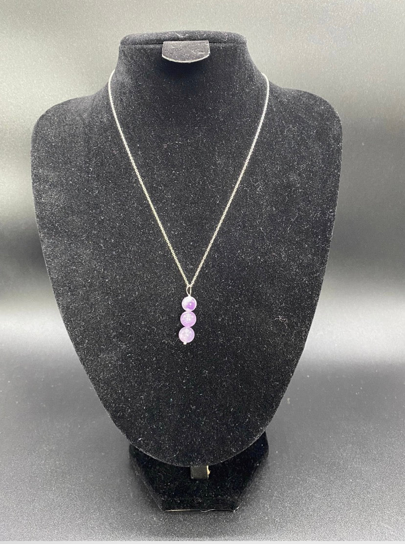 Amethyst Bead Pendant Sterling Silver Necklace – Handcrafted Triple Drop Jewellery
