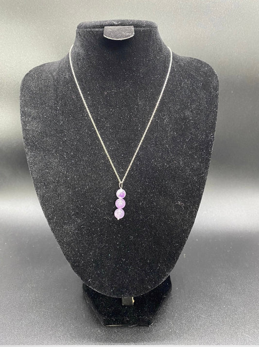 Amethyst Bead Pendant Sterling Silver Necklace – Handcrafted Triple Drop Jewellery