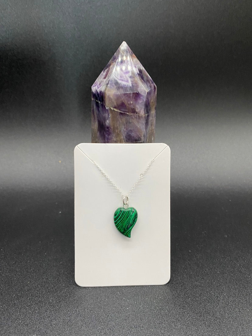 Carved Green Howlite Curved Heart Pendant Sterling Silver Necklace