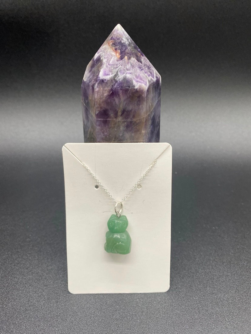 Green Aventurine Carved Cat Sterling Silver Pendant Necklace