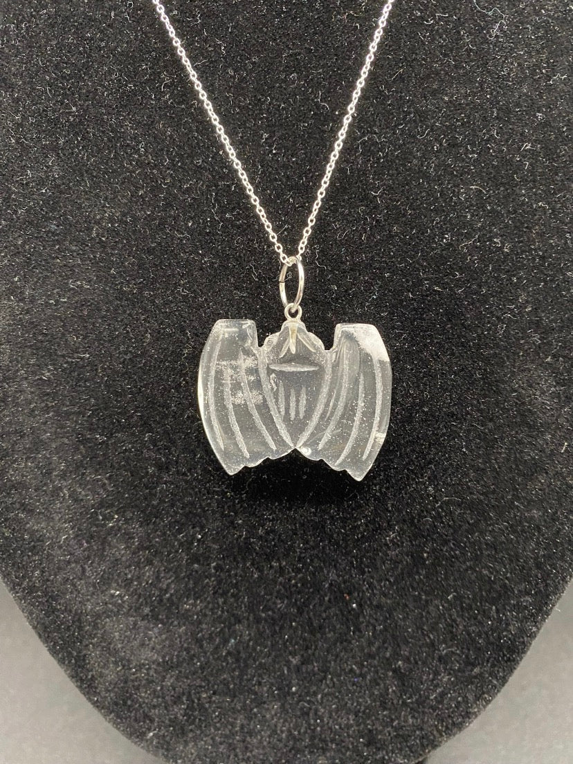 Carved Clear Quartz Bat Pendant Sterling Silver Necklace