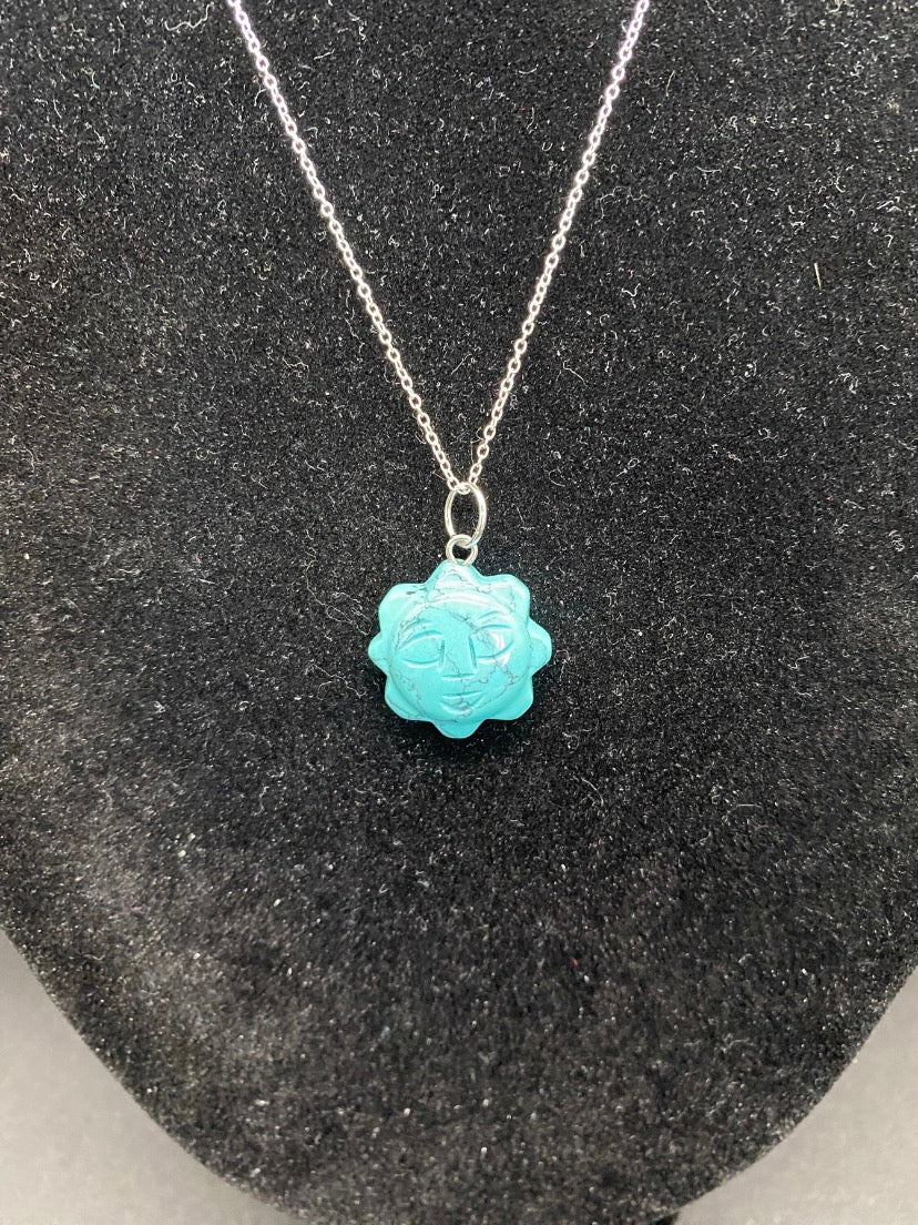 Turquoise Howlite Hand-Carved Sun Pendant Sterling Silver Necklace