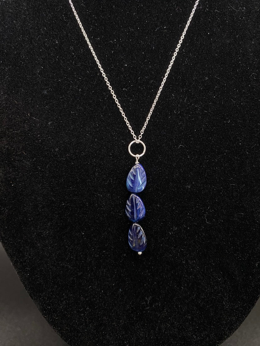 Carved Blue Tiger’s Eye Leaf Drop Sterling Silver Necklace