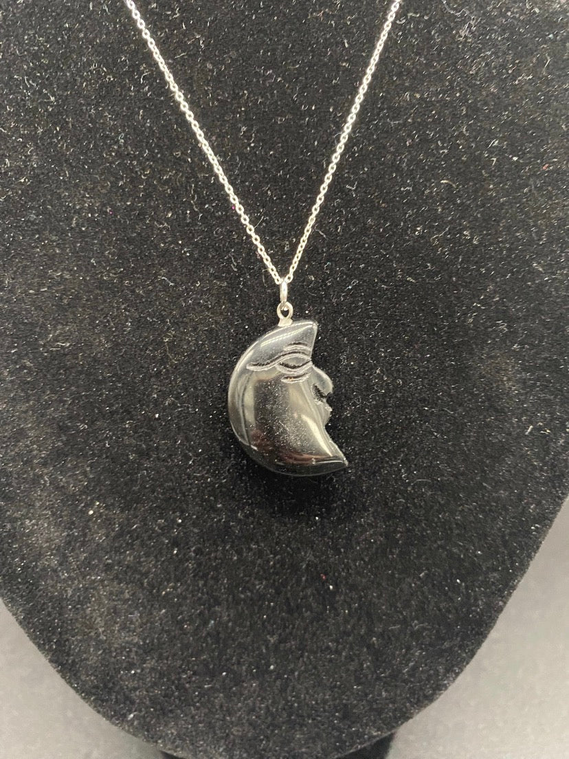 Black Agate Moon Man Pendant Sterling Silver Necklace