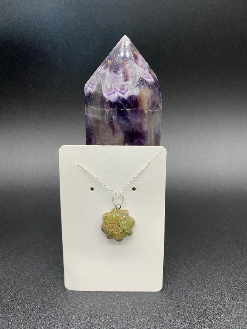Unakite Hand-Carved Celestial Sun Pendant Sterling Silver Necklace