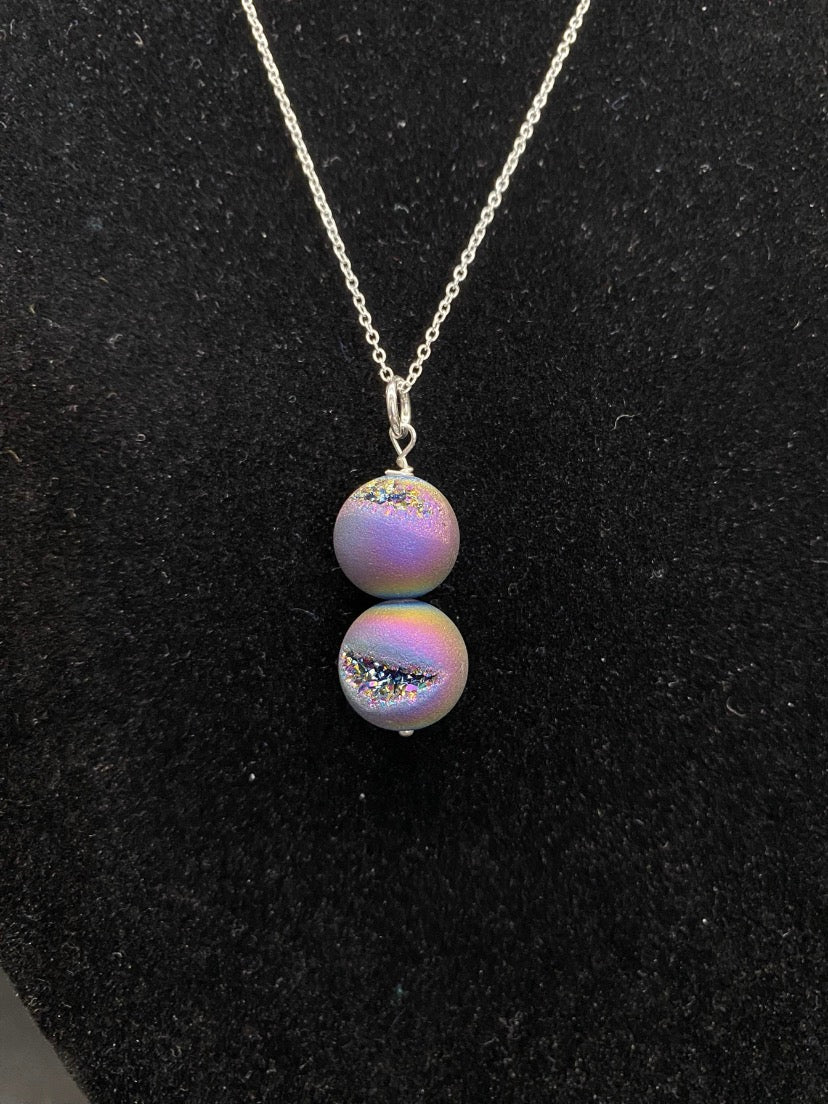 Titanium Druzy Agate and Sterling Silver Drop Pendant Necklace