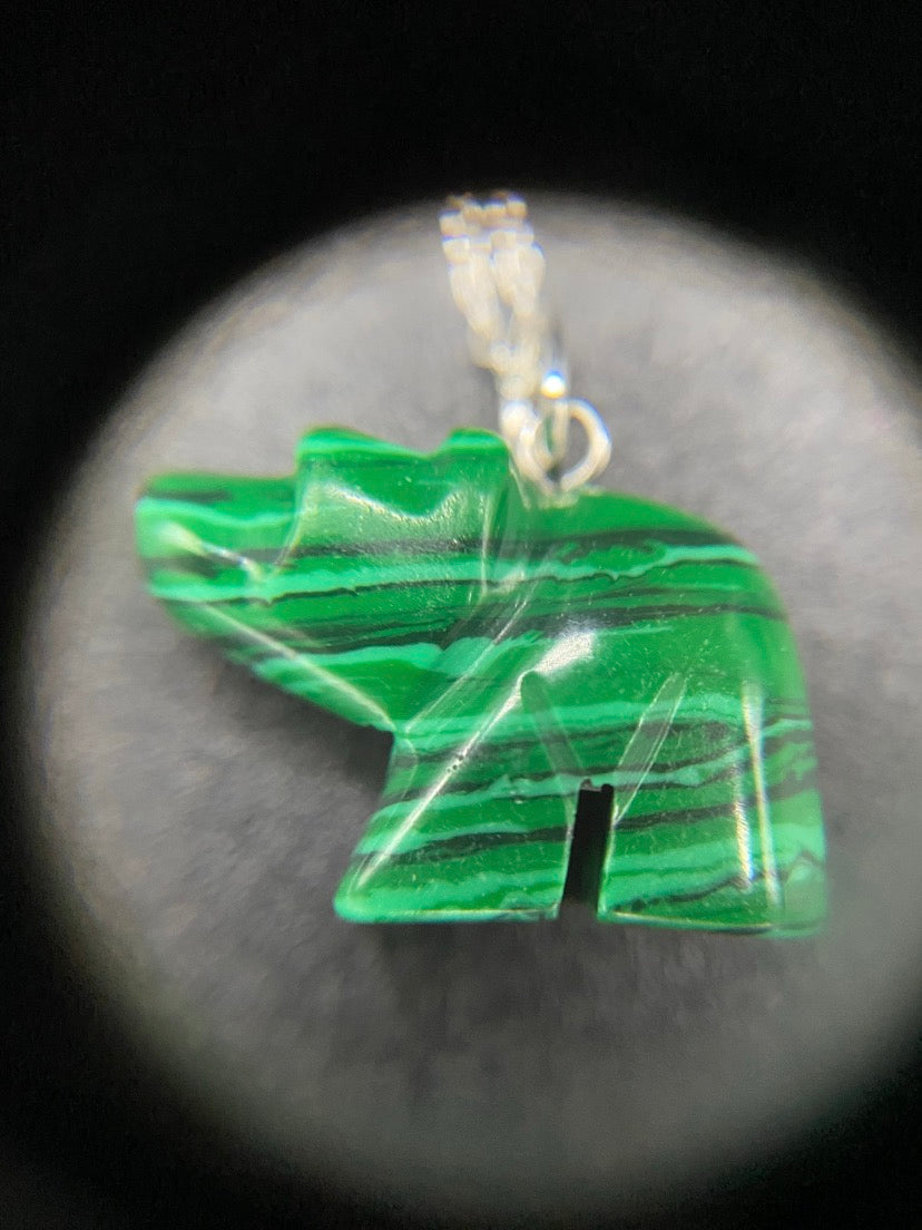 Carved Green Howlite Bear Pendant Sterling Silver Necklace