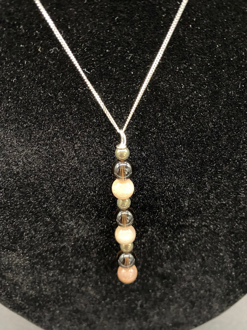 Smoky Quartz, Sunstone & Pyrite Pendant Sterling Silver Necklace