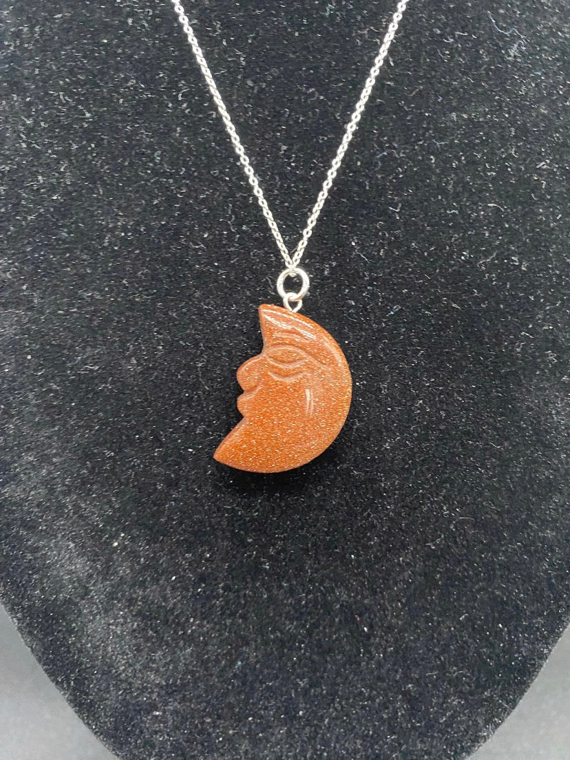 Carved Brown Goldstone Crescent Moon Sterling Silver Necklace