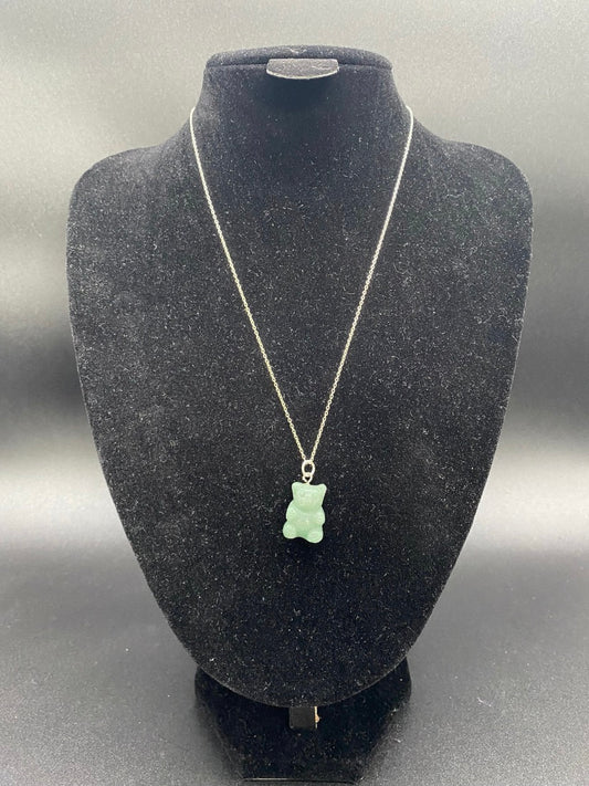 Green Aventurine Carved Gummy Bear Sterling Silver Pendant Necklace