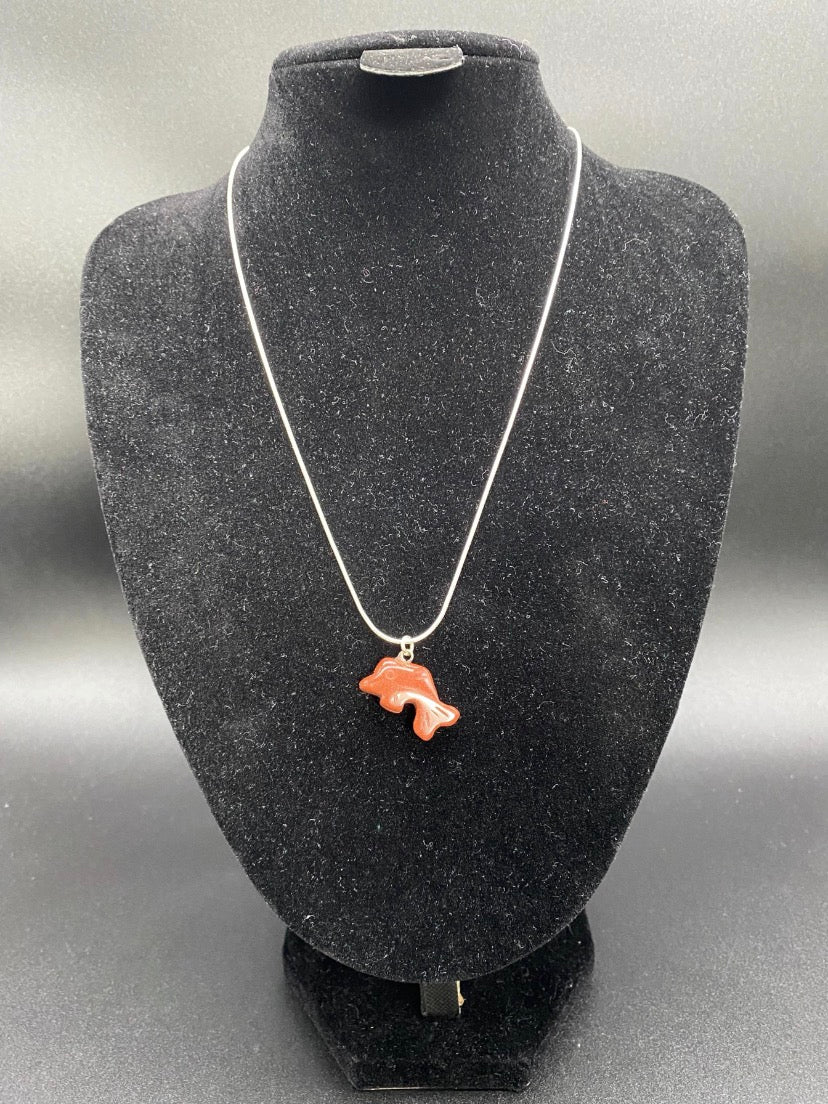 Carved Brown Goldstone Dolphin Pendant Sterling Silver Necklace