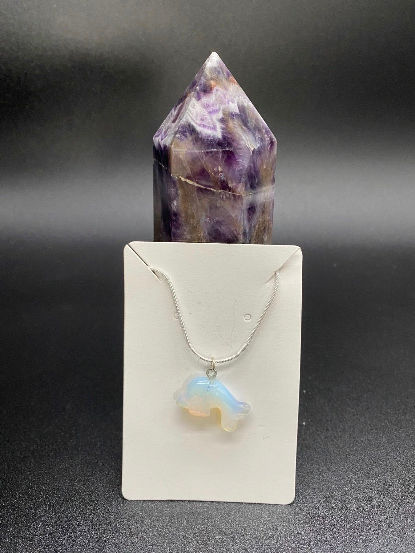 Opalite Dolphin Pendant Sterling Silver Necklace | Crystal Jewellery