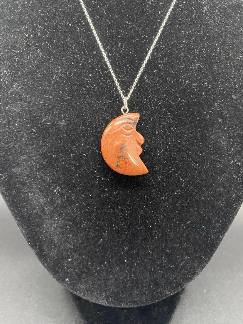 Carved Mahogany Obsidian Crescent Moon Sterling Silver Necklace