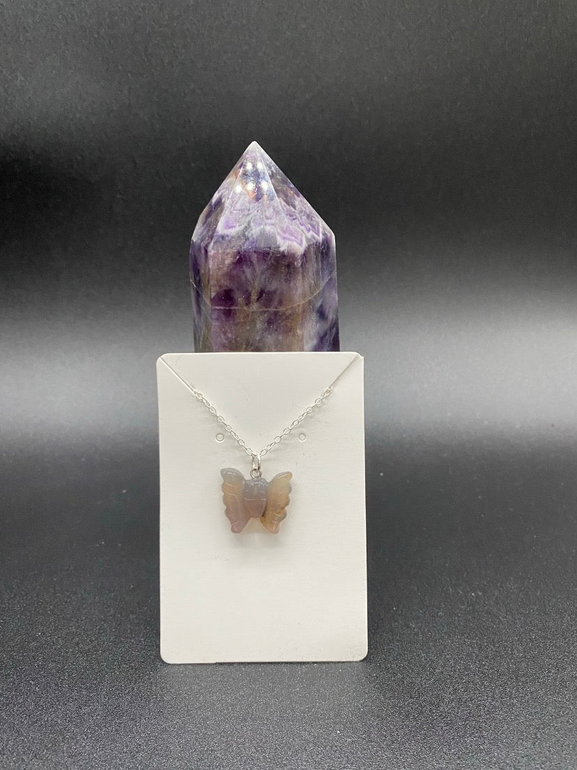 Carved Grey Agate Butterfly Sterling Silver Necklace